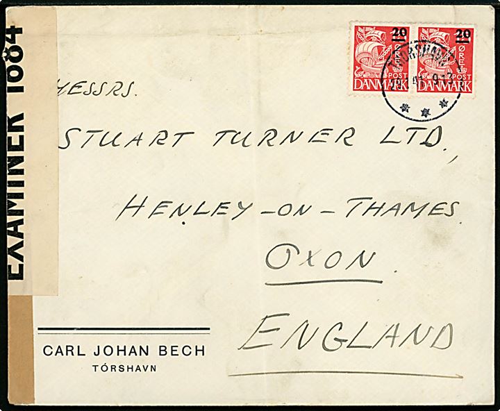 20/15 øre provisorium i parstykke på brev stemplet Thorshavn d. 29.1.1940 til Henley-on-Thames, England. Åbnet af britisk censur PC90/1684.