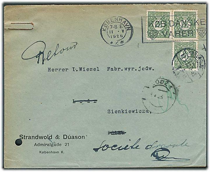 10 øre Postjubilæum (3) på brev fra København d. 11.5.1926 til Lodz, Polen. Retur til Danmark. Arkiv hul.