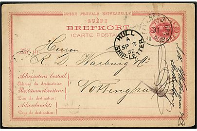 10 öre Tre Kroner helsagsbrevkort fra Göteborg annulleret med bureaustempel PKXP No. 8 UPP d. 31.8.1882 til Nottingham, England. Britisk skibsstempel: Hull Ship-Letter d. 3.9.1882.