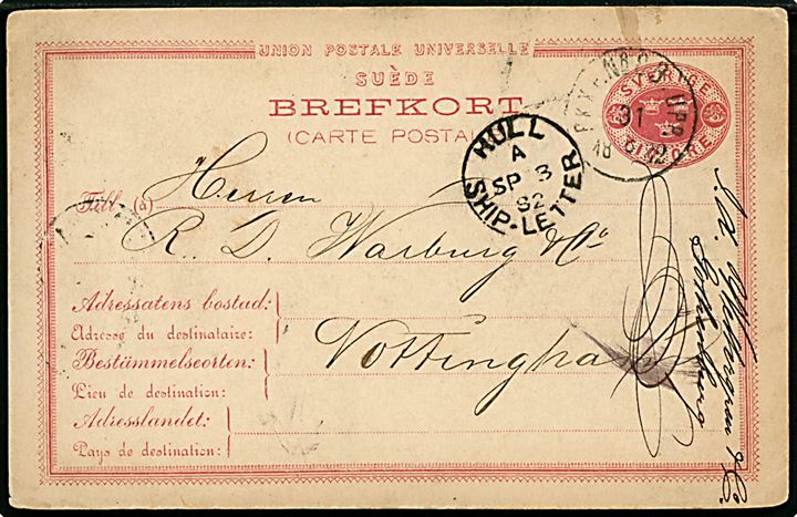 10 öre Tre Kroner helsagsbrevkort fra Göteborg annulleret med bureaustempel PKXP No. 8 UPP d. 31.8.1882 til Nottingham, England. Britisk skibsstempel: Hull Ship-Letter d. 3.9.1882.