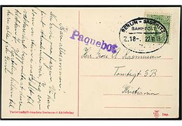 5 öre Gustaf på brevkort (Færgen Konung Gustaf V) annulleret med tysk bureaustempel Berlin - Sassnitz Bahnpost Zug 18 d. 22.10.1913 og sidestemplet Paquebot til Kristiania, Norge.