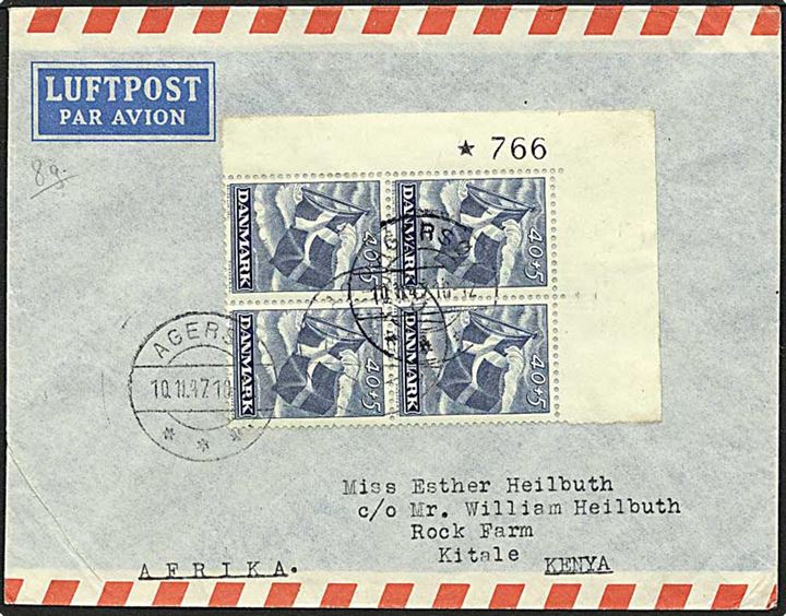 40+5 øre blå Danmarks befrielse på luftpost brev fra Agersø d. 10.11.1947 til Kenya.