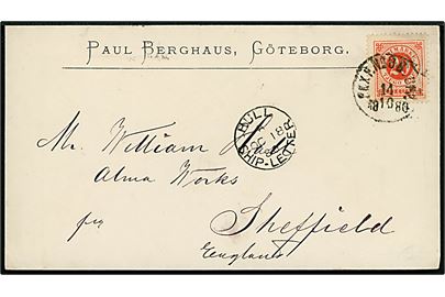 20 öre Ringtype single på brev fra Göteborg annulleret med bureaustempel PKXP No. 8B UPP d. 14.10.1880 til Sheffield, England. Britisk skibsstempel Hull Ship-Letter d. 18.10.1880.