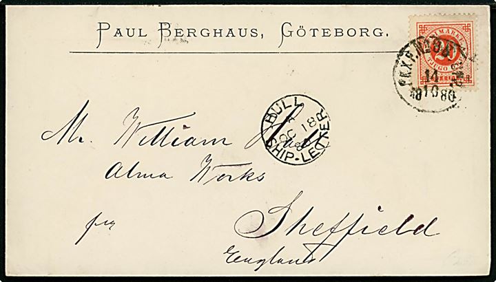 20 öre Ringtype single på brev fra Göteborg annulleret med bureaustempel PKXP No. 8B UPP d. 14.10.1880 til Sheffield, England. Britisk skibsstempel Hull Ship-Letter d. 18.10.1880.
