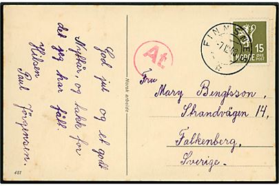15 øre Løve på brevkort stemplet Finnsnes d. 7.12.1943 til Falkenberg, Sverige. Passér stemplet At. ved den tyske censur i Trondheim.
