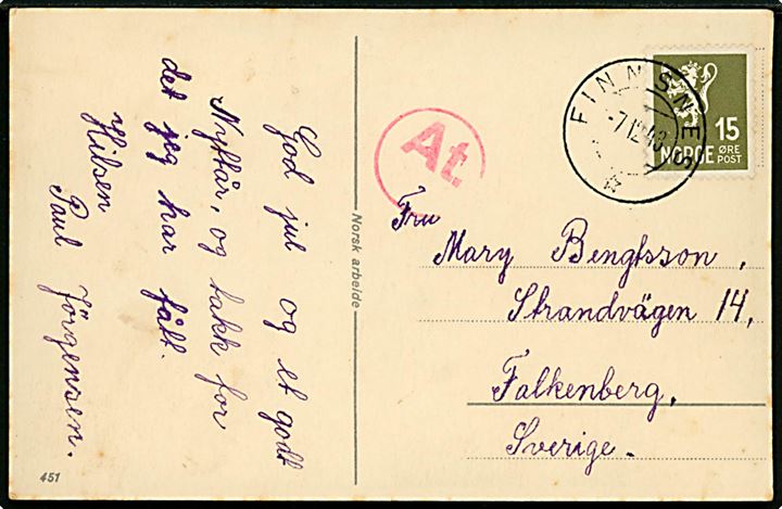 15 øre Løve på brevkort stemplet Finnsnes d. 7.12.1943 til Falkenberg, Sverige. Passér stemplet At. ved den tyske censur i Trondheim.