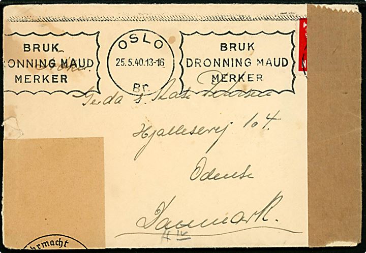 15 øre Løve på brev fra Oslo d. 25.5.1940 til Odense, Danmark. Åbnet af tidlig tysk censur i Norge med neutral brun banderole og stempel ÅPNET VED TYSK CENSUR, samt åbnet af den tyske censur i Hamburg.