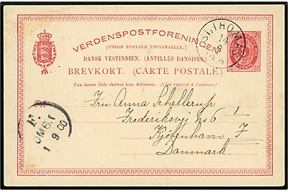 3 cents helsagsbrevkort fra St. Thomas d. 14.8.1900 til København, Danmark.