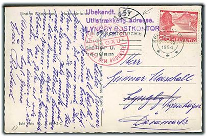 Schweiz 20 c. på brevkort fra Kreuz.... d. 2.9.1954 og sidestemplet An bord der Allgäu Auf dem Bodensee til Lyngby, Danmark. Stemplet: Ubekendt / Utilstrækkelig adresse / Lyngby Postkontor.