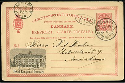 10 øre Våben helsagsbrevkort med privat tiltryk Hôtel Kongen af Danmark annulleret lapidar Kjøbenhavn K. d. 14.8.1890 til Amsterdam, Holland.