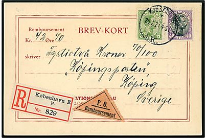 5 øre og 40 øre Chr. X med perfin PIB på anbefalet brevkort med postopkrævning fra Pressens Illustrations Bureau i Kjøbenhavn d. 26.2.1921 til Köping, Sverige. 