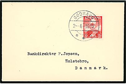 15 øre Chr. X på lille brev fra Godhavn d. 2.6.1939 til Holstebro, Danmark. På bagsiden ank.stemplet i Holstebro d. 15.7.1939.