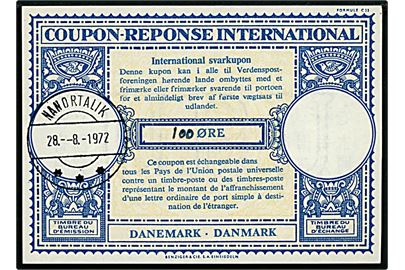 100/90 øre dansk international svarkupon solgt i Nanortalik på Grønland d. 28.8.1972. 