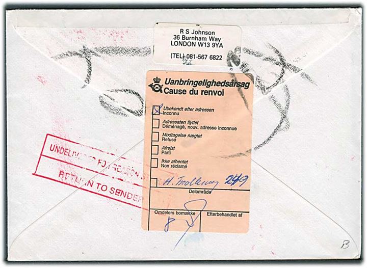 Engelsk 5d og 20d Elizabeth på luftpostbrev fra London d. 7.4.1994 til Odense. Retur som ubekendt med flere stempler.