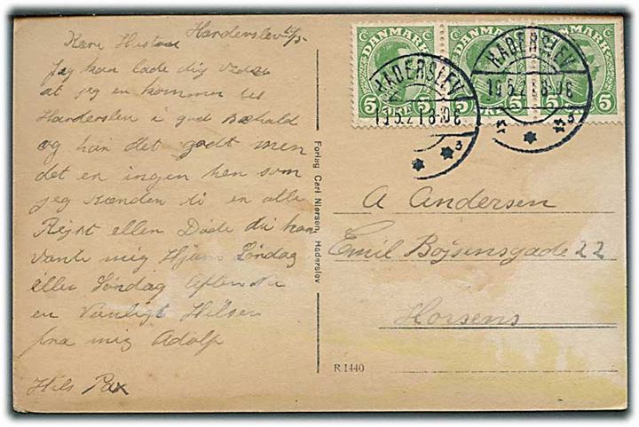 5 øre Chr. X i 3-stribe på brevkort fra Haderslev stemplet Haderslev sn3 d. 19.5.1921 til Horsens.