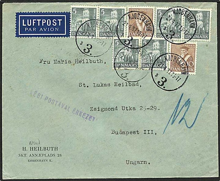 50 øre porto på luftpost brev fra København d. 21.4.1937 til Budapest. 