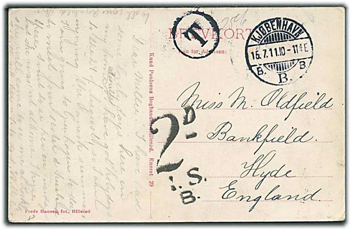 Ufrankeret brevkort fra Kjøbenhavn d. 15.7.1911 til Bankfield, England. Dansk T stempel og britisk 2d I.S.B. portostempel.