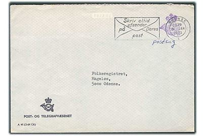Ufrankeret fortrykt kuvert fra Post- og Telegrafvæsnet A41 (2-64 C6) påskrevet Postsag og violet krone/posthorn stempel sendt lokalt i Odense d. 31.1.1973.