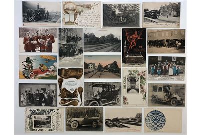 Diverse. Automobiler, Knud Larsen “Flora Danica” kort, reklamer, jernbanestationer osv. 72 gode kort. 