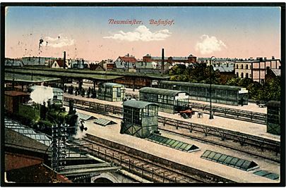 Tyskland, Neumünster, Jernbanestation med damptog. Brugt som ufrankeret feltpostkort 1916.