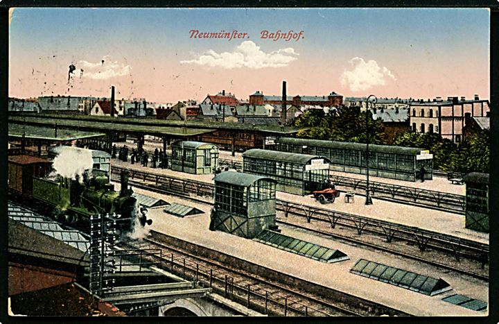 Tyskland, Neumünster, Jernbanestation med damptog. Brugt som ufrankeret feltpostkort 1916.