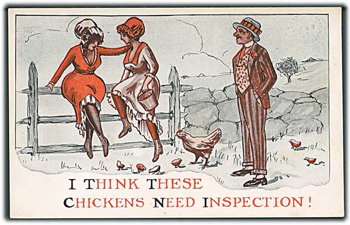 4 stk (2 med svagt hjørne knæk): Oh you spring chicken, Me for the chicken inspector's job here, I think these chickens need inspection og Hot chicken here at all times. 