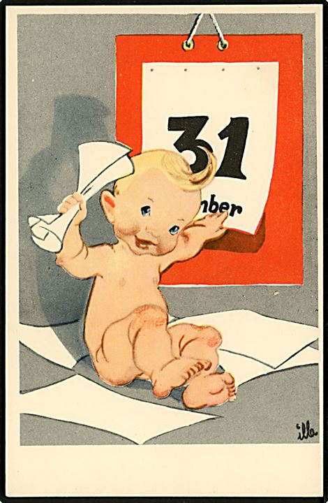 Illa Winkelhorn. Nytårskort med baby der river den sidste dag af kalender. Stenders serie 588.