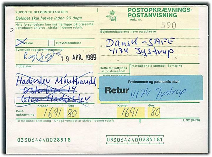 Ufrankeret adressekort for pakke med opkrævning fra Jystrup Midtsj. d. 10.4.1989 til Haderslev. Stemplet: Porto kr. 86 betalt i frimærker. Stemplet til samlerbrug og tilbageleveret kunden.