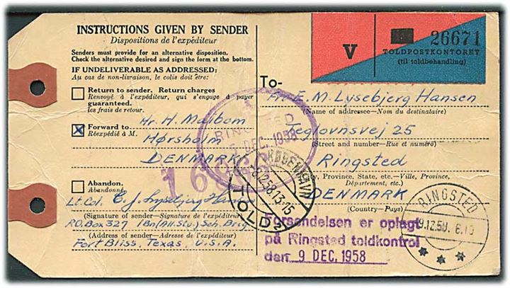 Amerikansk Manila-mærke for værdipakke fra dansk officer under uddannelse i Fort Bliss, USA d. 14.11.1958 til Ringsted, Danmark. Påsat dansk 2-farvet pakke-reg. etiket fra Toldpostkontoret (til toldbehandling) 