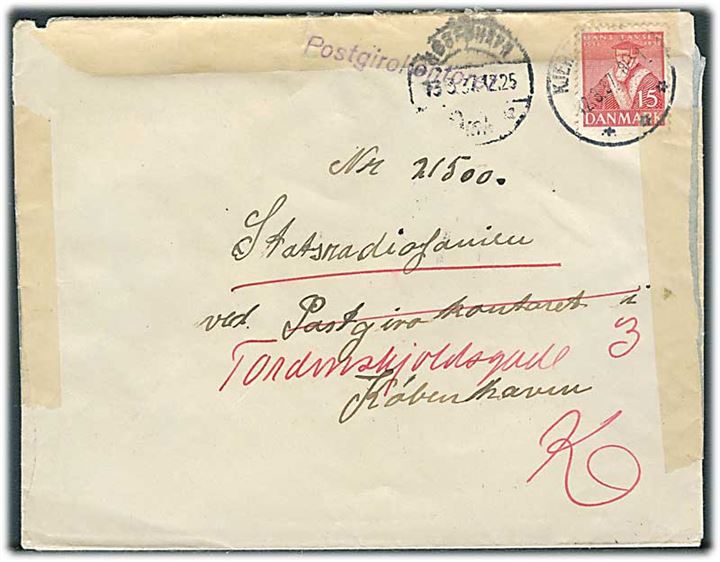 15 øre Tavsen single på brev fra Kjerteminde d. 12.3.1937 til København. Fejlagtigt åbnet af Postgirokontoret og eftersendt til Statsradiofonien, København.