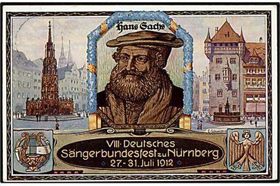 Bayern, VIII Deutsches Sängerbundesfest, Nürnberg 1912 med digter Hans Sachs. Bayern 5 pfg. illustreret helsagsbrevkort med særstempel.