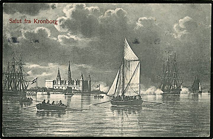 Kronborg. Tegnet kort med skibe. J.M. Helsingør no. 175.