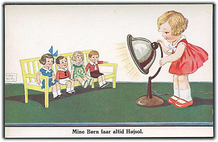 John Wills: 4 stk. postkort. Mine Børn faar altid Højsol. Hvorfor er Du ogsaa altid saa vild? Sidste Sportsmodel.  Skakmat. S. S. W. B. no. 7309/1 + 7309/2. 