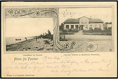 Fynshav, Hilsen fra med strandparti og Clausens colonial og manufakturhandel. N. J. Schmidt u/no. 