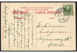 5 øre Fr. VIII på brevkort (Vildbjerg Kommuneskole) annulleret med bureaustempel Herning - Holstebro T.1195 d. 26.3.1909 til Hellerup.