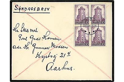 10 øre Rundetårn i fireblok på søndagsbrev annulleret med brotype IIIc Ribe d. 23.11.1946 til Aarhus.