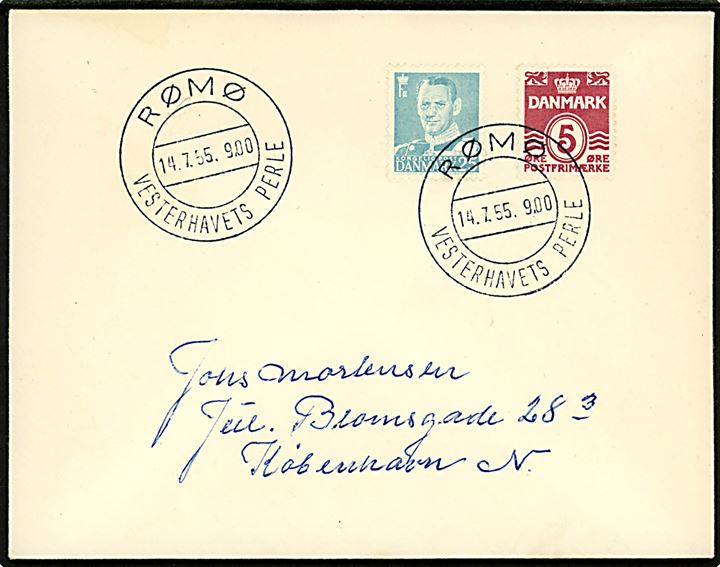 5 øre Bølgelinie og 25 øre Fr. IX på brev annulleret med turiststempel Rømø Vesterhavets Perle d. 14.7.1955 til København.