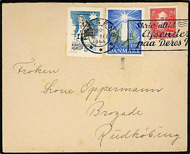 20 øre Chr. X, Julemærke 1944 og 5 øre Erhvervslivets Krigsfangehjælp mærke på brev fra Horsens d. 18.12.1944 til Rudkøbing.