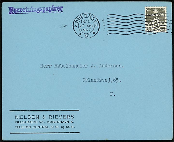 8 øre Bølgelinie single på lokal forretningspapirer i København d. 27.4.1937.