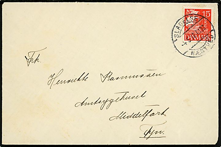 15 øre Karavel på brev annulleret med bureaustempel Slagelse - Næstved T.192 d. 4.5.1932 til Middelfart.