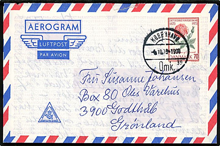 70 øre Det Jydske Haveselskab på privat aerogram fra København d. 6.10.1973 til Godthåb, Grønland.