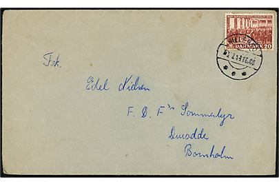 20 øre Grundloven på brev fra KFUM Spejdernes Hytte i Gadevang pr. Hillerød d. 3.8.1949 til F.D.F.s Sommerlejr ved Dueodde på Bornholm.