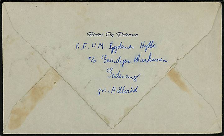 20 øre Grundloven på brev fra KFUM Spejdernes Hytte i Gadevang pr. Hillerød d. 3.8.1949 til F.D.F.s Sommerlejr ved Dueodde på Bornholm.