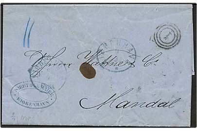 Ufrankeret brev fra København d. 8.9.1868 til Mandal i Norge. Påskrevet 11 med blåkridt.