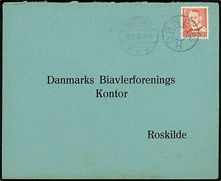 20 øre Fr. IX på brev annulleret med udslebet stjernestempel HORNE og svagt sidestempel i Tistrup d. 2.3.1949 til Roskilde.