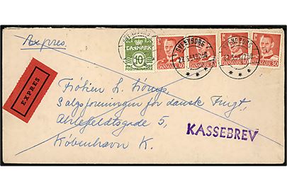 10 øre Bølgelinie og 30 øre Fr. IX (4) på 130 øre frankeret ekspresbrev fra Svendborg d. 27.3.1953 til København. Violet stempel KASSEBREV.