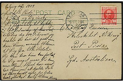 10 øre Fr. VIII på brevkort fra Esbjerg d. 8.1.1909 til elev ombord på skoleskibet Viking i Port Pirie, South Australia. God destination.