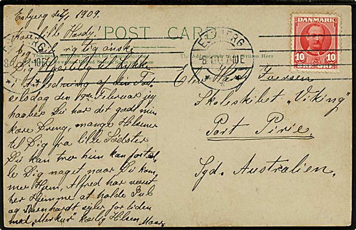 10 øre Fr. VIII på brevkort fra Esbjerg d. 8.1.1909 til elev ombord på skoleskibet Viking i Port Pirie, South Australia. God destination.