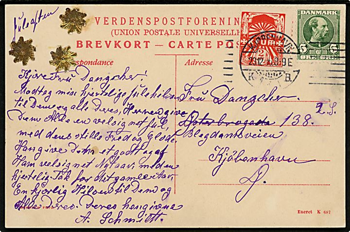 5 øre Chr. IX og 2 øre K.F.U.M. mærkat på brevkort i Kjøbenhavn d. 23.12.1906. Påskrevet Juleaften.