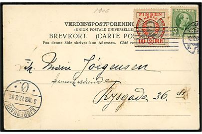 5 øre Chr. IX og 10 øre Finsen-mærke på brevkort (Journalistforeningens Jubilæumsfest) i Kjøbenhavn d. 12.12.1906. Lodret fold.